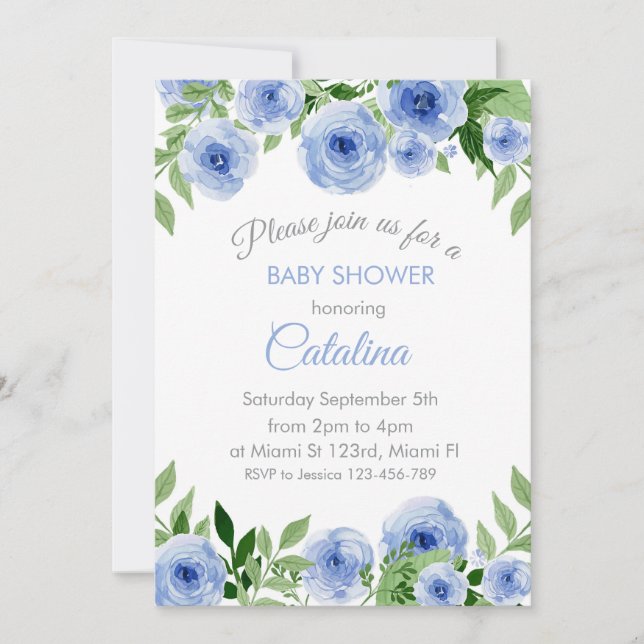 Watercolor Blue Flowers Baby Shower Invitation Inbjudningar (Framsida)