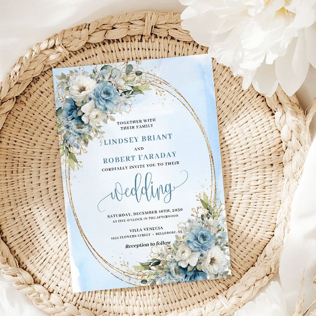 Watercolor Blue Flowers Eucalyptus Gold Wedding  Inbjudningar (Watercolor Blue Flowers Eucalyptus Gold Wedding Invite)