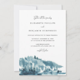 Watercolor Blue Forest Winter Wedand Inbjudningar