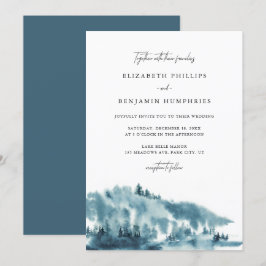 Watercolor Blue Forest Winter Wedand Inbjudningar