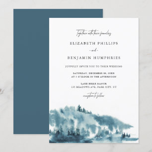 Watercolor Blue Forest Winter Wedand Inbjudningar