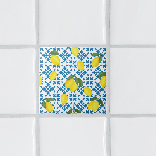 Watercolor Blue French Country Lemon Pattern Tile Kakelplatta (Skapare uppladdad)
