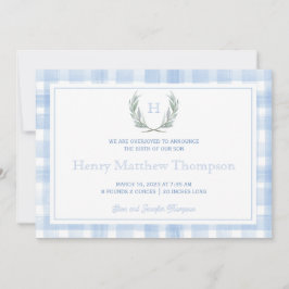 Watercolor Blue Gingham Laurel Vapensköld Meddelande