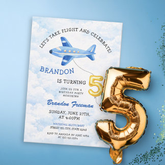 Watercolor Blue & Gold Airplane 5th Birthday Inbjudningar