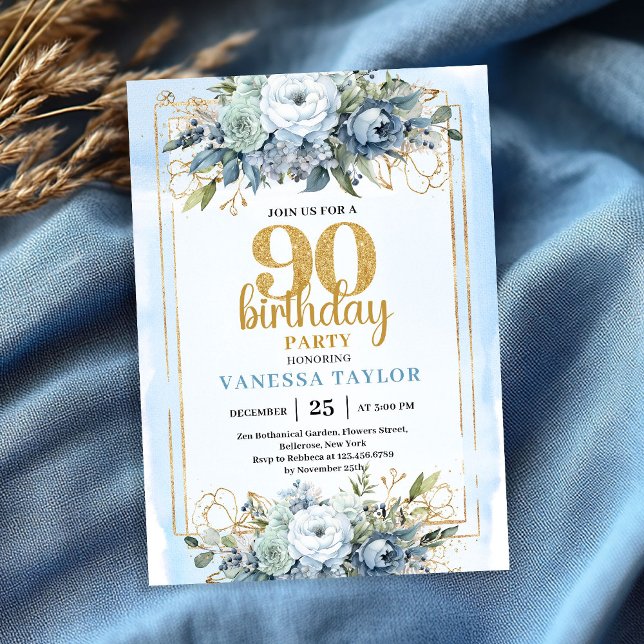 Watercolor Blue Gold Glow 90th Birthday Invitation Inbjudningar (Watercolor Blue Gold Glow 90th Birthday Party Invite)