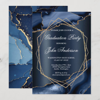 Watercolor Blue Gold Marble Graduation Party Inbjudningar
