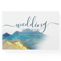 Watercolor Blue Golden Mountain Bröllop Guest Bok