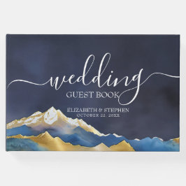 Watercolor Blue Golden Mountain Bröllop Guest Bok