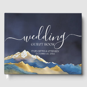 Watercolor Blue Golden Mountain Bröllop Guest Bok