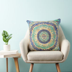 Watercolor Blue Guld Mandala Kudde