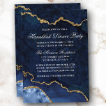 Watercolor Blue Guld Marble Geode Hanukkah Middag Inbjudningar<br><div class="desc">Modern Elegant Watercolor Winter Blue och Guld Marble Agate Geode Hanukkah Middag Party-inbjudningskort</div>