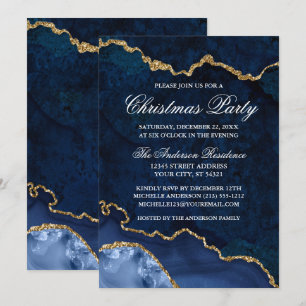 Watercolor Blue Guld Marble Geode jul Party Inbjudningar