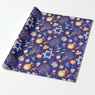 Watercolor Blue Hanukkah Chanukah Guld Presentpapper
