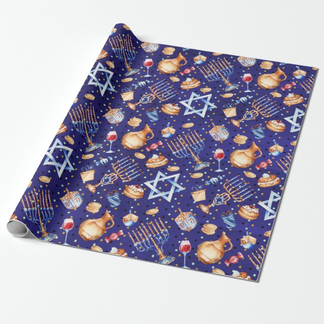 Watercolor Blue Hanukkah Chanukah Guld Presentpapper (Utrullad)
