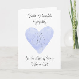 Watercolor Blue Heart with Cat Drawing Sympathy Kort