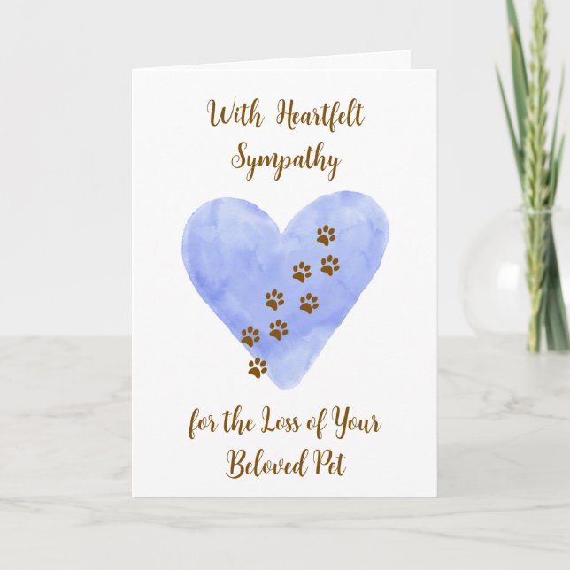 Watercolor Blue Heart with Pet Paws Sympathy Kort (Framsida)