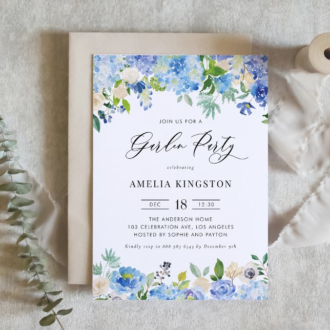 Watercolor Blue Hydrangea Blommigt Garden Party Inbjudningar (Skapare uppladdad)