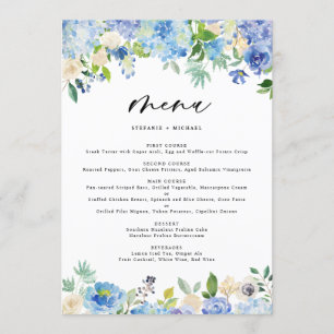 Watercolor Blue Hydrangea Bröllop Menu Meny