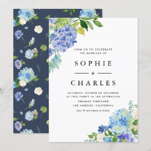 Watercolor Blue Hydrangea Flowers Bouquet Bröllop Inbjudningar