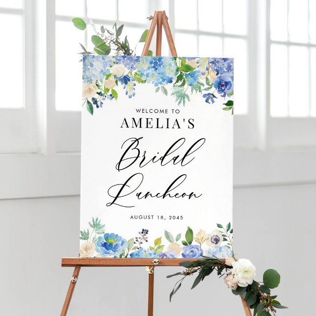 Watercolor Blue Hydrangea Flowers Möhippa Luncheon Poster (Watercolor Blue Hydrangea Flowers Bridal Luncheon Welcome Sign)