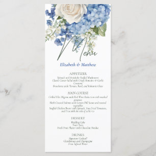 Watercolor Blue Hydrangea Vit ros Bröllop Meny