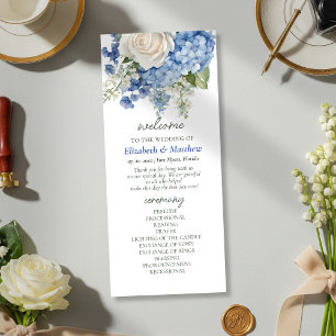 Watercolor Blue Hydrangea Vit ros Bröllop Program