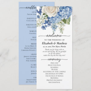 Watercolor Blue Hydrangea Vit ros Bröllop Program