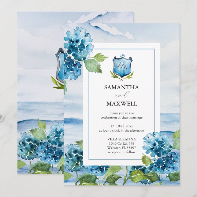 Watercolor Blue Hydrangea Wedding Invitation Inbjudningar (Fram/baksida)