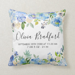 Watercolor Blue Hydrangeas Baby Stat Nursery Kudde