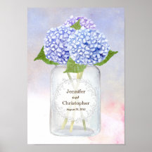 Watercolor Blue Hydrangeas och Mason Burk Bröllop