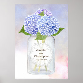 Watercolor Blue Hydrangeas och Mason Burk Bröllop Poster
