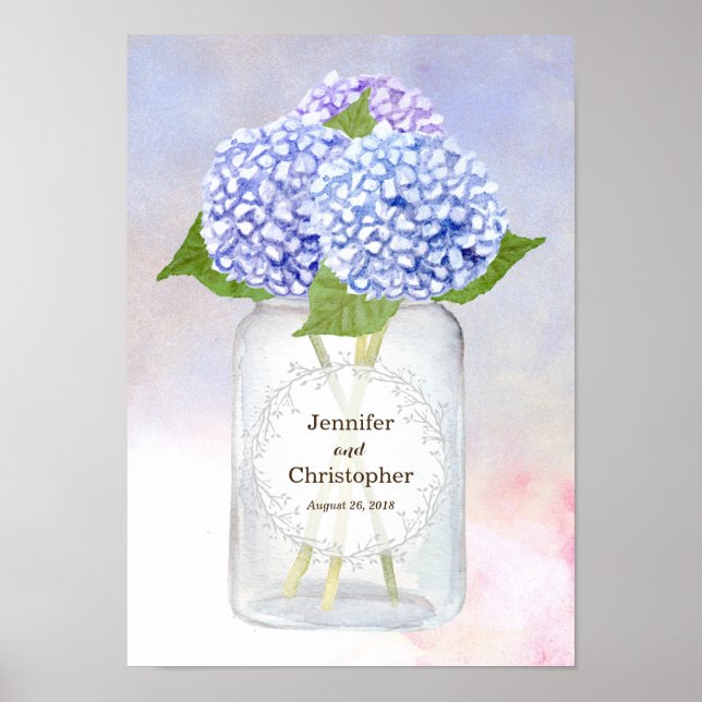 Watercolor Blue Hydrangeas och Mason Burk Bröllop Poster (Framsidan)