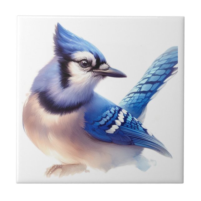 Watercolor Blue Jay Bird Art Kakelplatta (Framsidan)