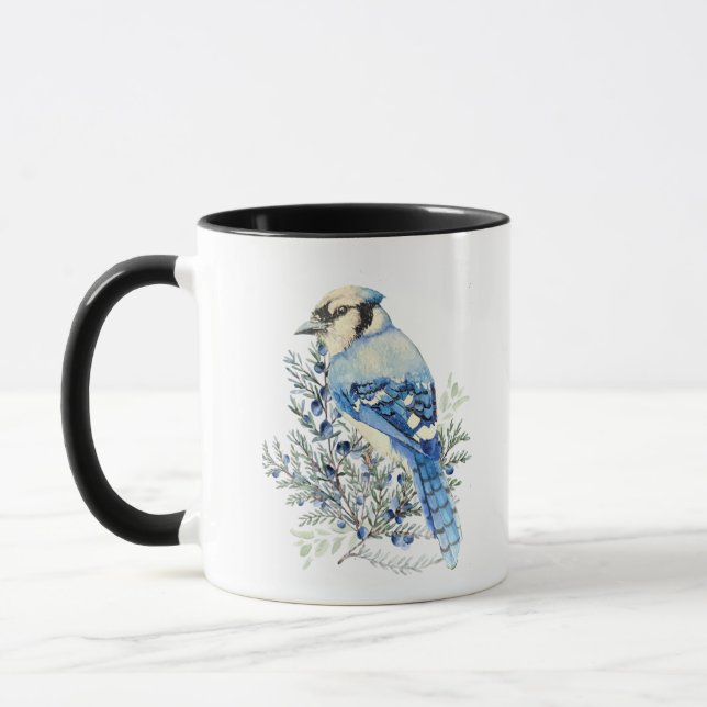 Watercolor Blue Jay Bird Blueberries Country Art Mugg (Vänster)