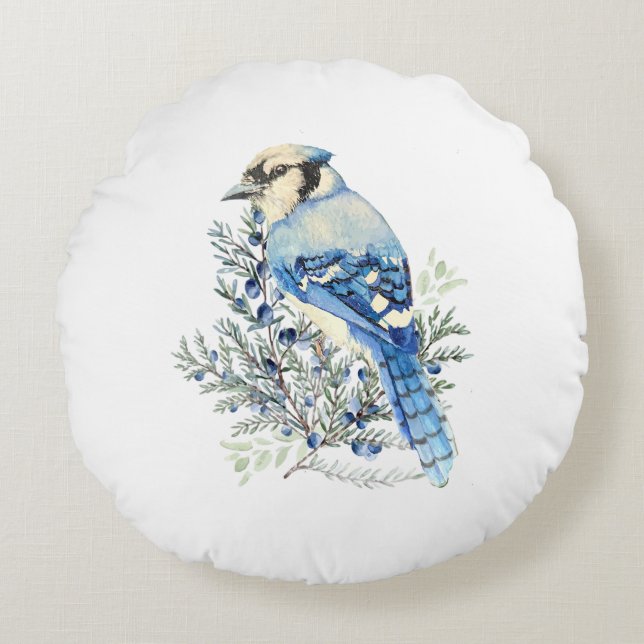 Watercolor Blue Jay Bird Blueberries Country Art Rund Kudde (Framsidan)
