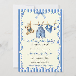 Watercolor Blue Jean Baby Teddy Bear Baby Shower Inbjudningar