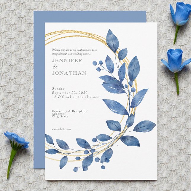 Watercolor Blue Leaves Gold Wedding Invitation Inbjudningar (Skapare uppladdad)