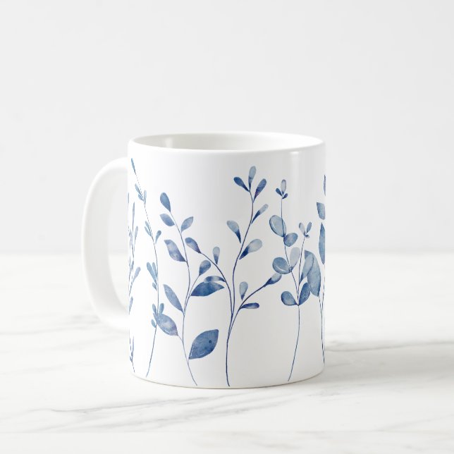 Watercolor Blue Leaves Kaffemugg (Framsida vänster)