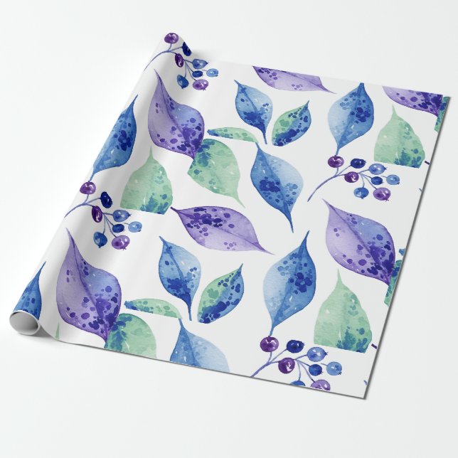 Watercolor blue leaves presentpapper (Utrullad)