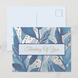 Watercolor blue leaves Thinking of You | Botanical Vykort