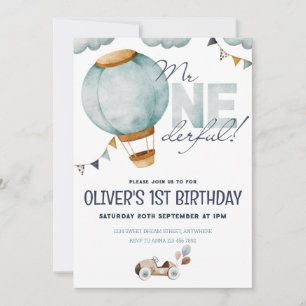 Watercolor Blue Luftballong Mr ONEderful Boy Inbjudningar