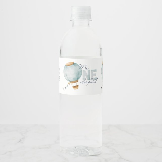 Watercolor Blue Luftballong Mr ONEderful Boy Vattenflaskor Etikett (Framsida)
