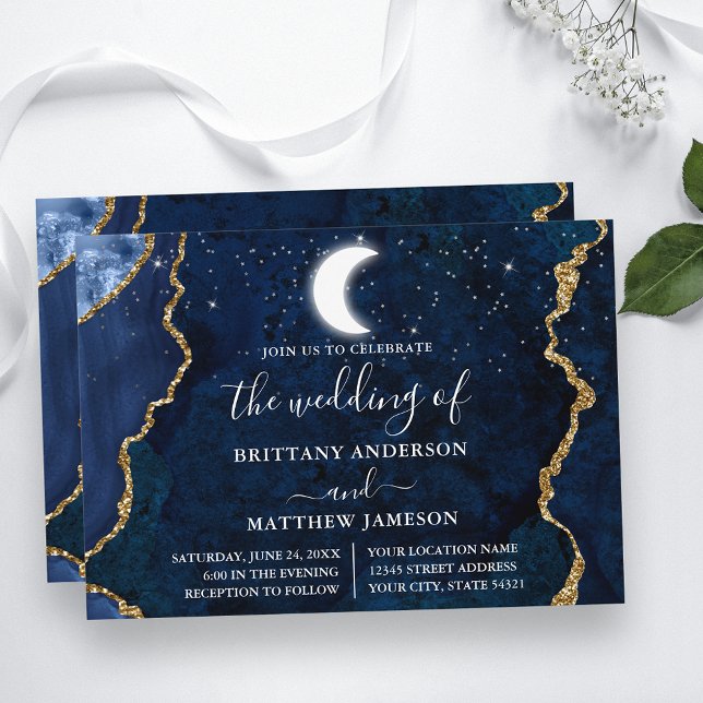 Watercolor Blue Marble Celestial Bröllop Inbjudningar (Customize to change text size, text style or to add more text to back of card.)