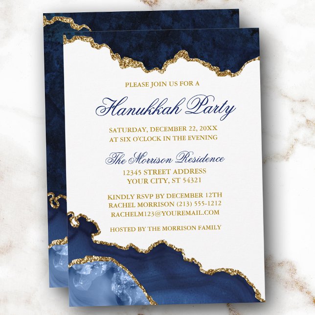 Watercolor Blue Marble Geode Guld Hanukkah Party Inbjudningar (Customize to change text size, text color, text style or to add more text to back of card.)
