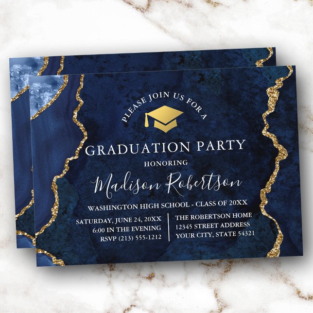 Watercolor Blue Marble Guld Cap Grad Party Inbjudningar (Customize to add text or a photo to back of card.)