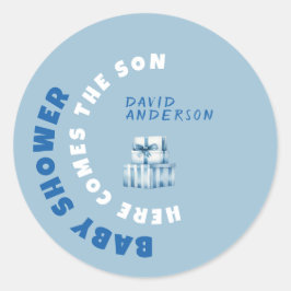 Watercolor blue minimalist baby shower boy runt klistermärke