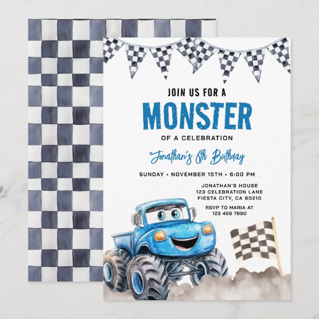 Watercolor Blue Monster Truck Birthday Race Party Inbjudningar (Fram/baksida)