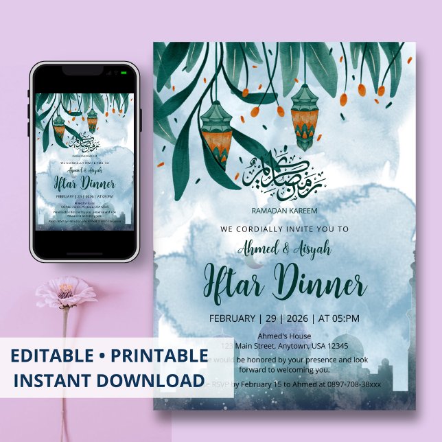 Watercolor Blue Mosque & Lanterns Iftar Dinner Inbjudningar (Skapare uppladdad)