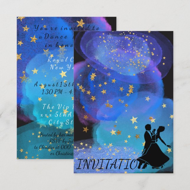 Watercolor Blue Ocean Night Himlar Starry Dance Pa Inbjudningar (Fram/baksida)