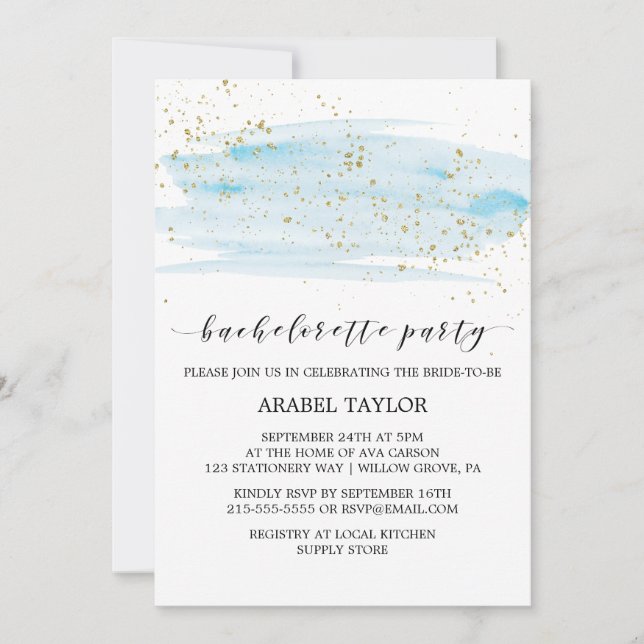 Watercolor Blue och Guld Bachelorette Party Inbjudningar (Framsida)